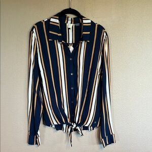 Roxy Blue, Gold and White Long Sleeve Button Down Shirt